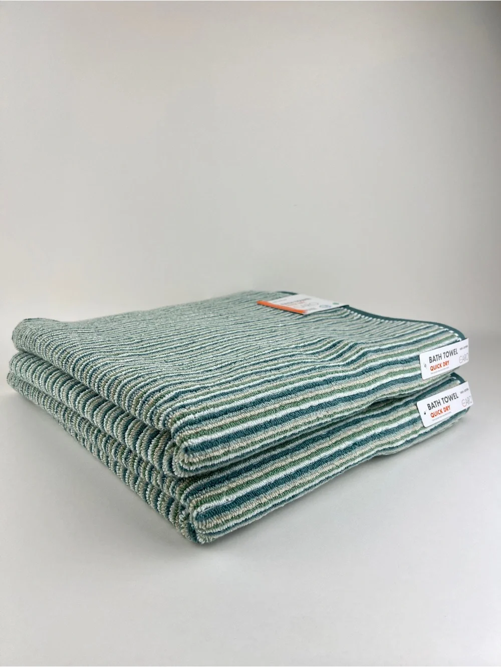 CARO Home Bath Towels Green Yellow White Striped Soft 100% Cotton 2 Pc Set NEW